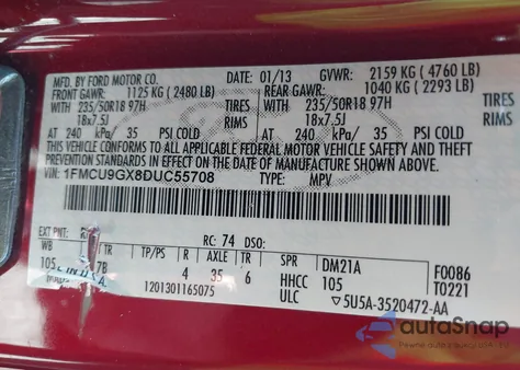 2013 Ford Escape Se from USA, damaged, VIN 1FMCU9GX8DUC55708